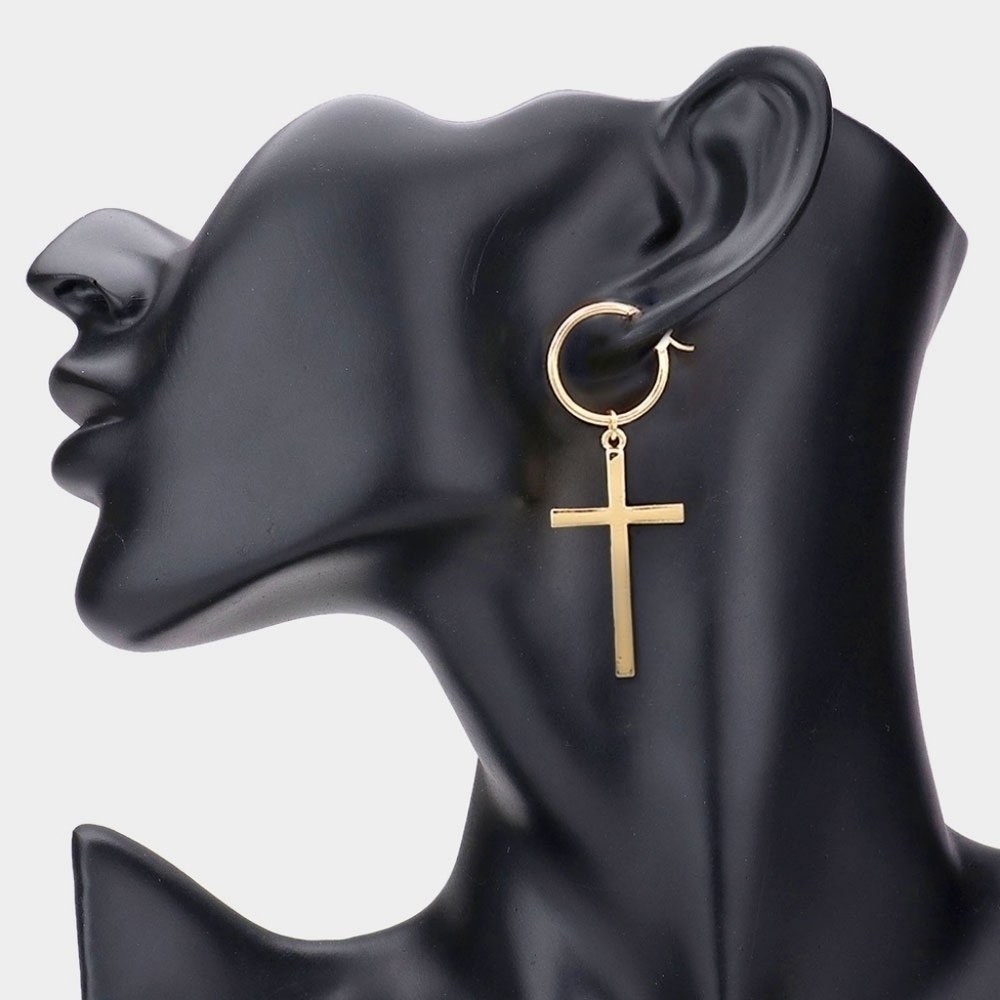 NEW Golden Cross Metal Hoop Dangle Earrings